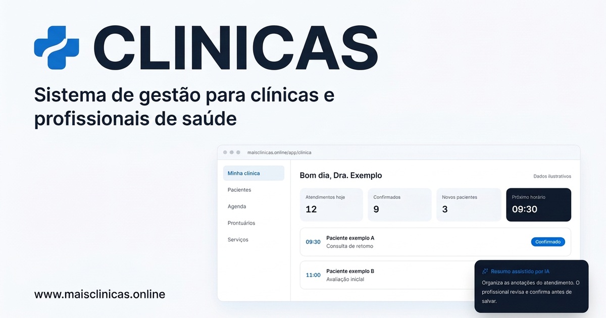 + Clínicas — agenda, pacientes e registros ilustrativos de atendimento
