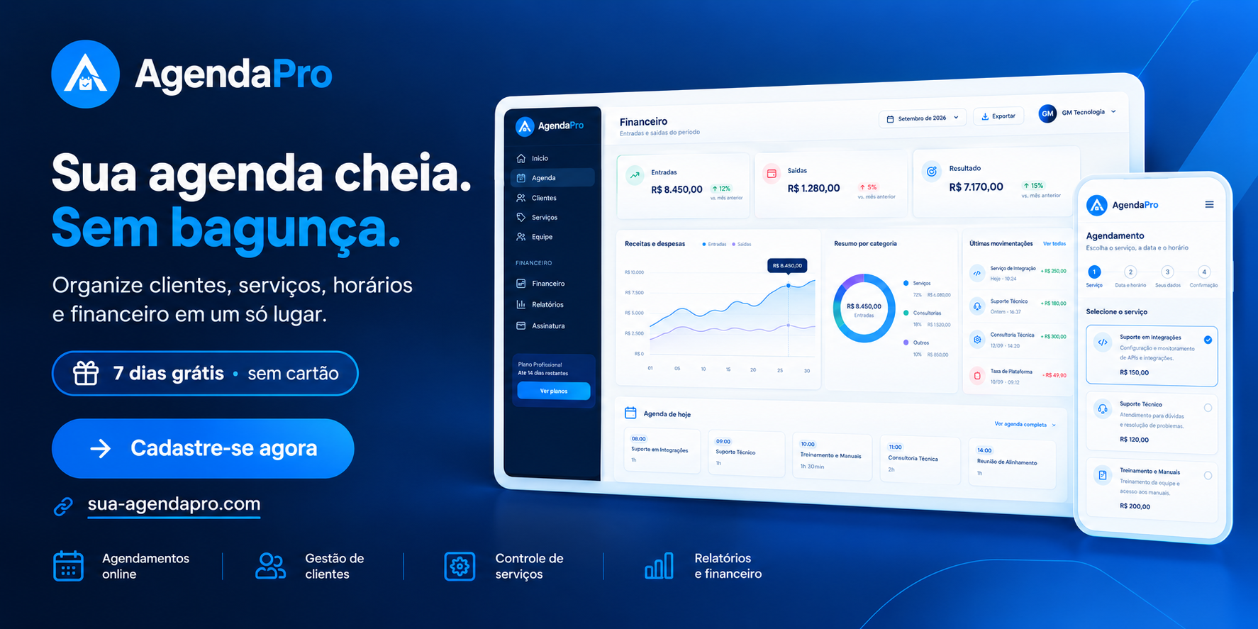 AgendaPro: sua agenda cheia, sem bagunça no WhatsApp — teste grátis por 7 dias sem cartão
